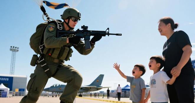 持槍空降兵在孩子前一動不敢動